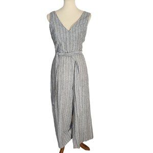1. State Linen (sz 12) Blend Wide Leg V Neck Grey Striped High Waist Jumpsuit